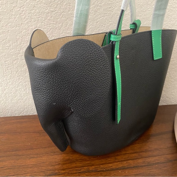 Cute Black Green Elephant Colorblock Basket Tote w/ Crossbody Strap Contrast S14 - Picture 4 of 16
